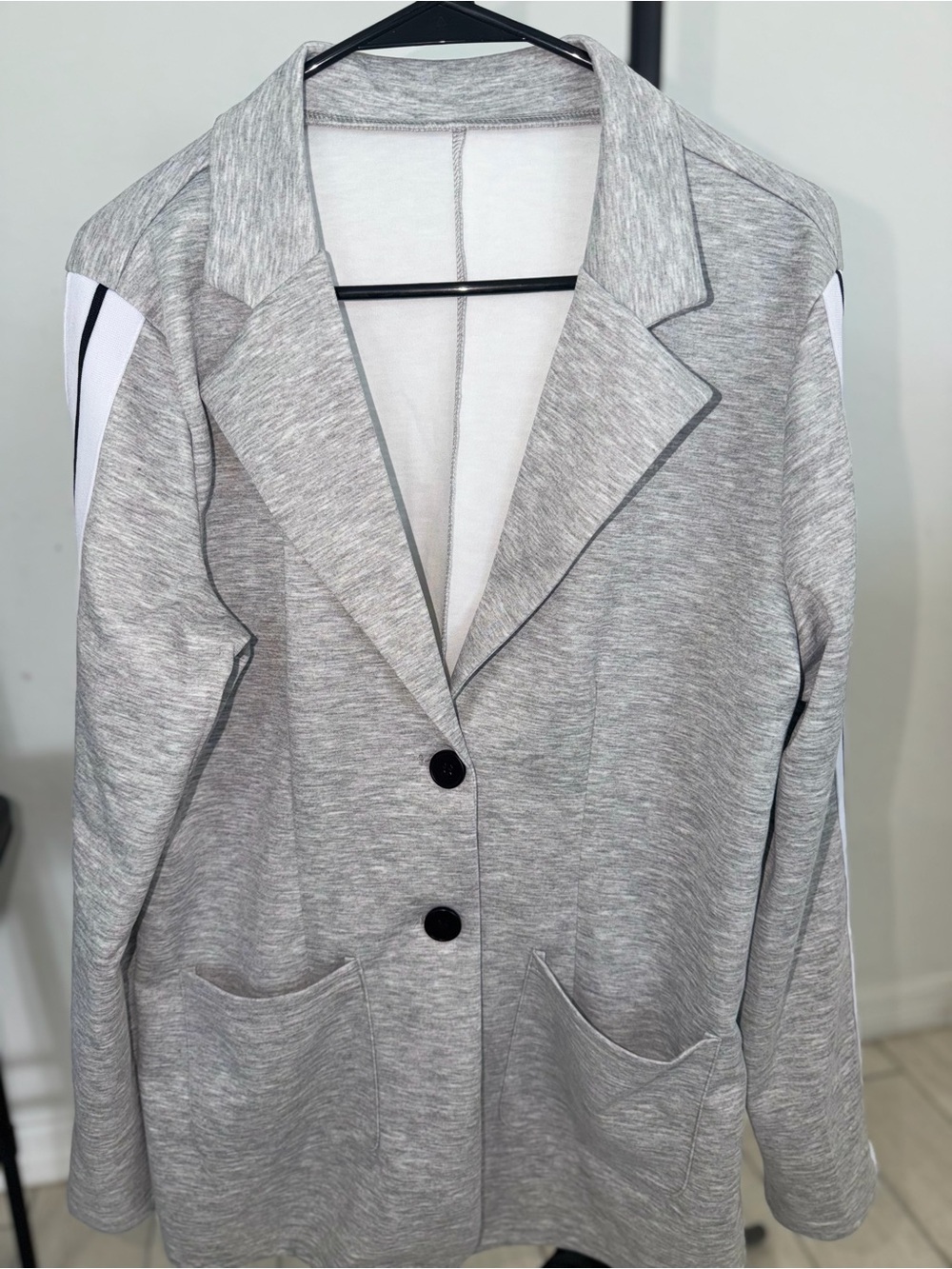 Light Gray Women's Knit Blazer Jacket with Contrast Shoulder Detail